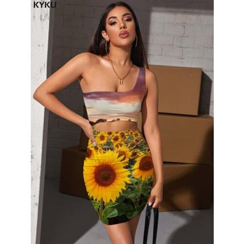 KYKU Brand Sunflower Dresses Women Cloud Hollow out Dresses Sun Bodycon Dress Romantic 3d Print Womens Clothing Plus Size