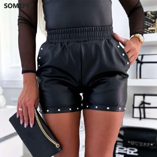 PU Leather Women Shorts Rivet Black Short Streetwear Sexy High Waist Shorts Ladies Winter Casual Elastic Waist Shorts