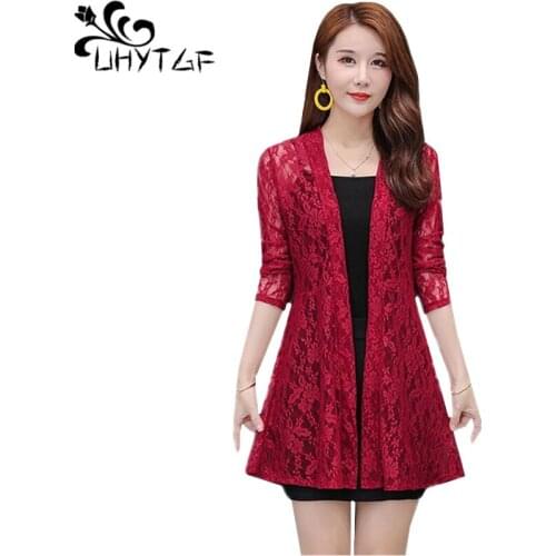 UHYTGF 5XL Plus Size Jacket Women Fashion Lace Hollow Cardigan Female Summer Coat Long-Sleeved Shawl Thin Sunscreen Clothing1675