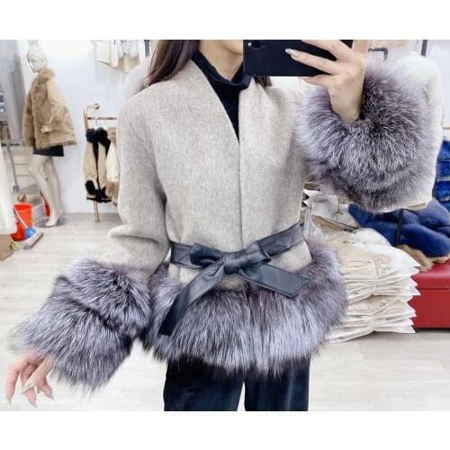 Big Sale Women Winter Short Solid Woolen Cashmere Short Real Fox Fur Sleeve Warm Short Belt Slim Overcoat