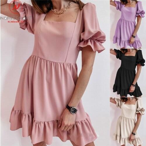 Women Summer Streetwear Solid Color A-Line Dress Patchwork Design Ruffles Decor Square Collar Butterfly Short Sleeve Mini Dress