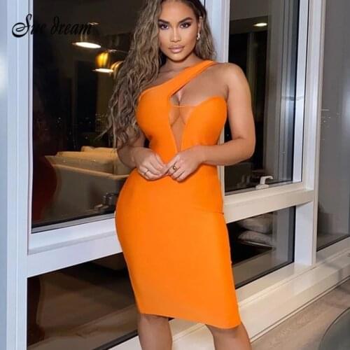 2020 Summer New Womens Mesh Patchwork One-shoulder Bandage Dress Orange Knee Length Dress Bodycon Sexy Club Party Dress
