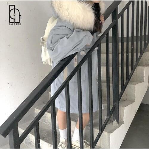 2021 Women Harajuku Japanese Kawaii Fur Collar Parka Coats Female Blue Casual Loose Thick Warm Outerwears Lady Preppy Coats