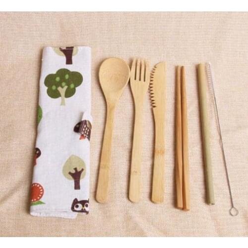 7 pcs/set eco-friendly bamboo flatware cutlery set 20 style portable bamboo straw dinnerware set with cloth bag knives fork spoo