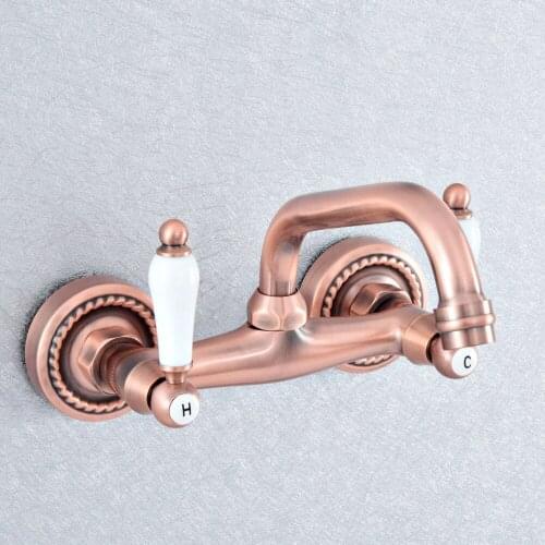 Antique Red Copper Dual Handles Bathroom Kitchen Sink Faucets Wall Mounted Swivel Spout Two Holes Kitchen Mixer Taps Nsf881
