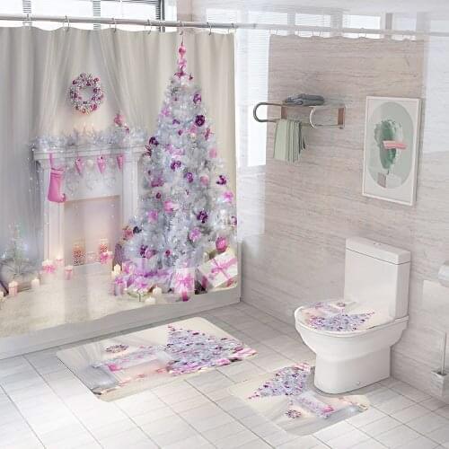 White Christmas Tree Bathroom Curtain Fireplace Fabric Shower Curtains Non-Slip Bath Rug Set Toilet Seat Cover Holiday Decor