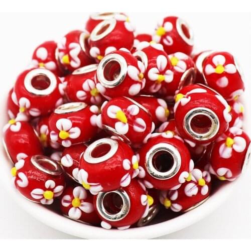 10Pcs Red Flower Large Hole European Big Round Loose Glass Murano Spacer Beads fit Pandora Bracelet Necklace for Jewelry Making