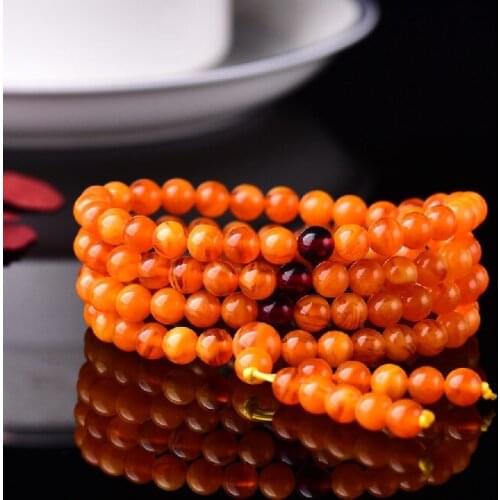 Natural Baltic Amber 108 Beads Mala Elastic Bracelet Women Men Real Ambers Beaded Bangle Jewelry Old Beeswax Strand Bracelets