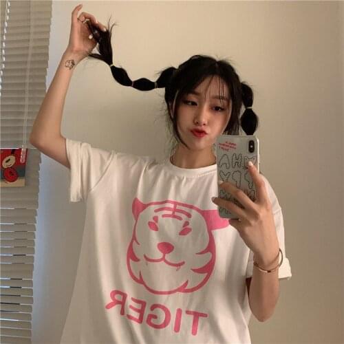 Cute Ins Cartoon Tiger T-shirt Female Korean Harajuku Womens T-shirts Tops Japanese Kawaii Ladies Ulzzang Clothes For Women