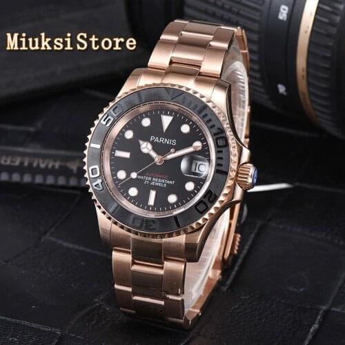 Parnis 41mm Date Business Luxury Black Dial Rose Gold Case Ceramic bezel Luminous Golden steel strap Automatic Men Watch