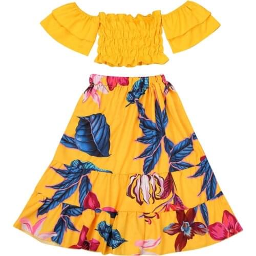 Toddler Kid Baby Girls Clothing 2020 Summer Yellow Off Shoulder T shirt + Bohemia Style Floral Skirt 2pcs Outfit