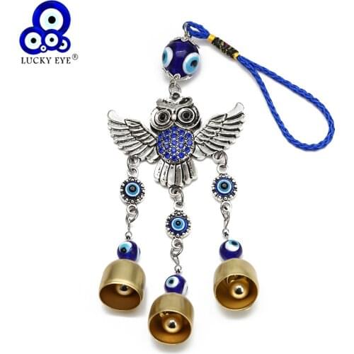 Lucky Eye Alloy Owl Pendant Tassel Blue Turkish Evil Eye Bead Wall Hanging Wind Chimes Decoration for Home Living Room Car BE90