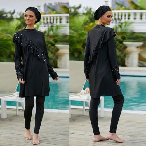 Simple Design Bra Padding Three Piece Burkini Long Sleeve Muslim Swimsuit Black Muslim Swimwear S/M/L/XL/XXL