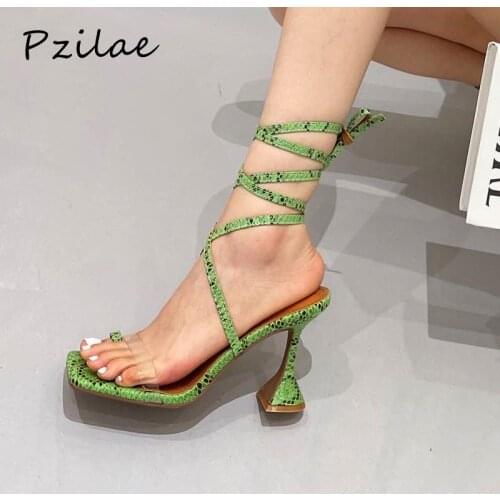 Pzilae 2021 New Summer Fashion Snakeskin Women Sandals Strange High heels Ladies Sandals Square Toe Clear Strap Shoes Size 40 41