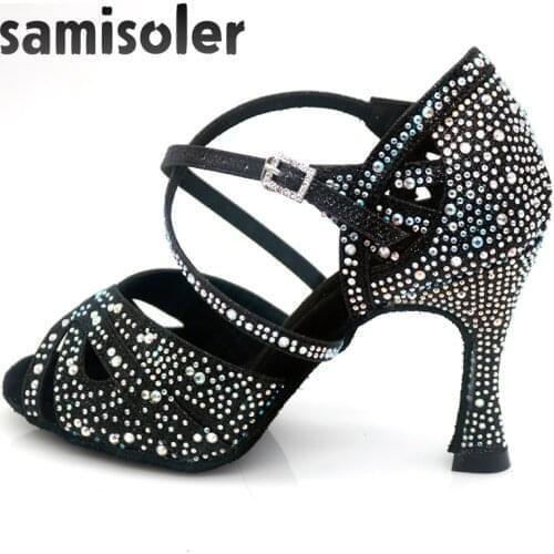 Samisolerlatin dance shoes woman zapatos de baile latino mujer shining Black satin Women Salsa party Ballroom shoes