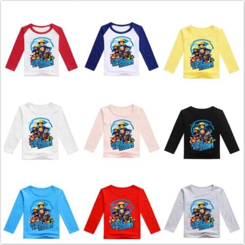Spring Heroes of The Storm Fireman Sam Print Long Sleeve T Shirt Baby Boy Tshirt Kid Girl Cute Tops Cartoon Tee Children Clothes