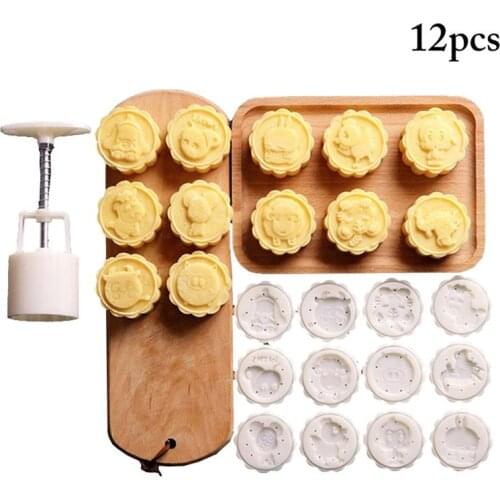 12pcs 3D Flowers Stamps Moon Cake Decor Mould Round Mooncake Mold Pastry Mooncakes Hand DIY Tool Baking Accessories