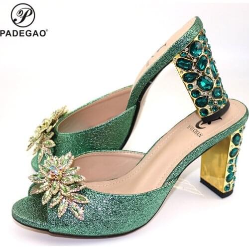Green color 2020 New Arrivals Matching Shoes without Bag Set In Heels for African Party with Crystal