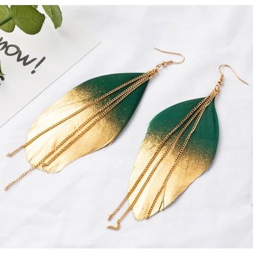 6 Colors Fashion Jewelry Two fluorescent Double Color Exotic Dangle Eardrop Earring Long Metal Tassel Feather Earrings for Women