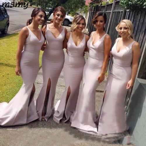 Cheap Satin Sexy V Neck Long Mermaid Country Bridesmaid Dresses Side Split Floor Length Maid Of Honor Gowns Wedding Guest Dress