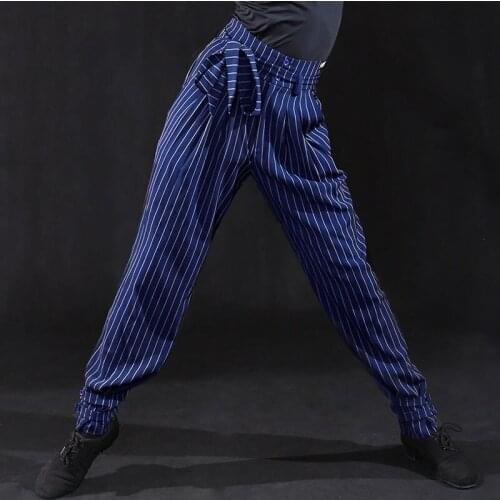 New Latin Dance Pants For Men Modern Ballroom Dance Competition Stage Pants Blue Stripes Strap Latin Dance Trousers DWY4663