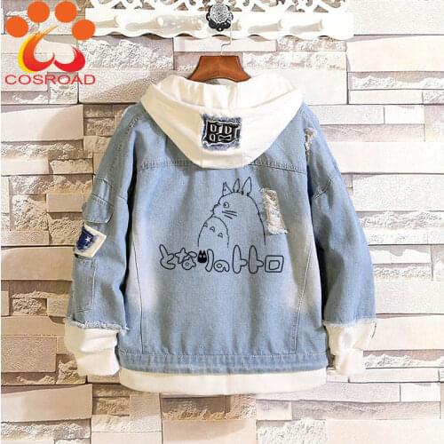 Cosroad Anime Totoro Denim Jacket Men Women Cosplay Sweatshirt Spring kawaii Hoodie Holes Harajuku Cartoon Hooded Zipper Coats