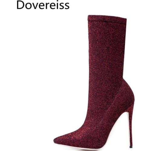 Dovereiss Fashion Womens Shoes Winter new Elegant Slip on gold silver Stilettos heels Ankle boots sexy Concise 33-43