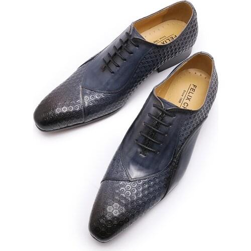 Italian Shoes Handmade Autumn Mens Dress Shoes Lace Up Genuine Leather Wedding Formal Oxfords Business Office Black Blue Shoes