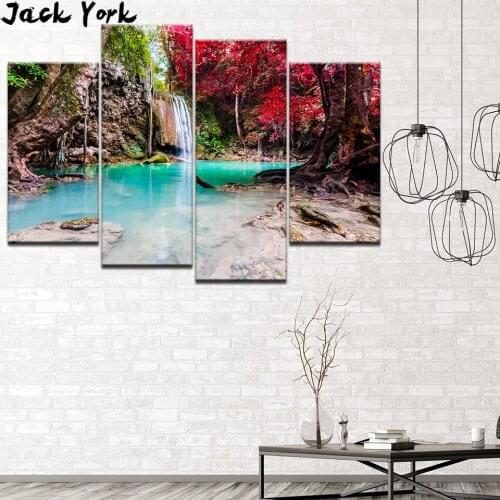 Canvas Painting Nature landscape waterfall in forest 4 Pieces Wall Art Painting Modular Wallpapers Poster Print Home Decor