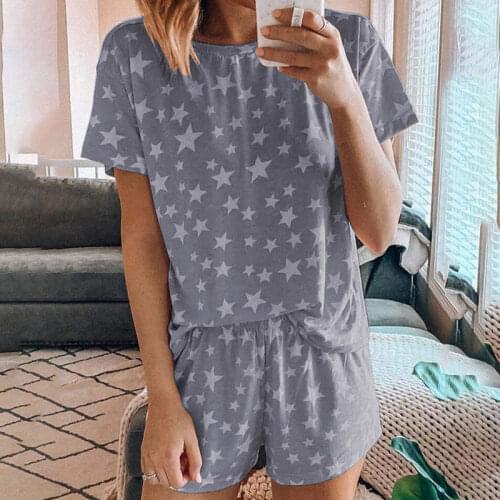 Star Print Women Sleepwear Set Summer O-Neck Short Sleeve Shorts Pajamas Sets Female Loose Casual Ladies Home Clothes