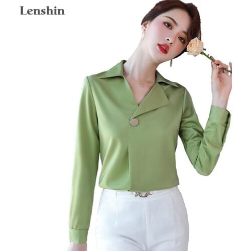 Lenshin Soft Fabric Shirts for Women Turn-down Collar Blouse with Bow Work Wear Office Lady Female Tops Chemise Loose style