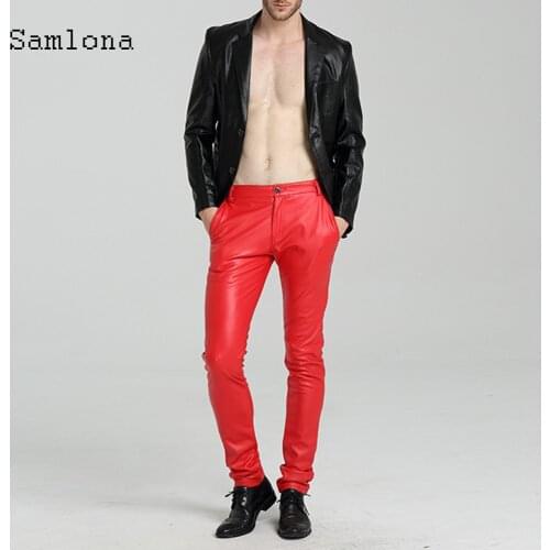 Men PU Leather Pants Spring Autumn Sexy Faux Leather Pants Punk Style Pantalon Red Sexy Male Skinny Trousers Pencil Pants 2021