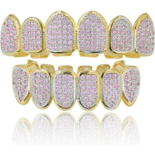 Hip Hop Teeth Grillz Iced Out AAA Zircon Top & Bottom Tooth Set For Men Women Pink Color Fashion Tooth Grillz