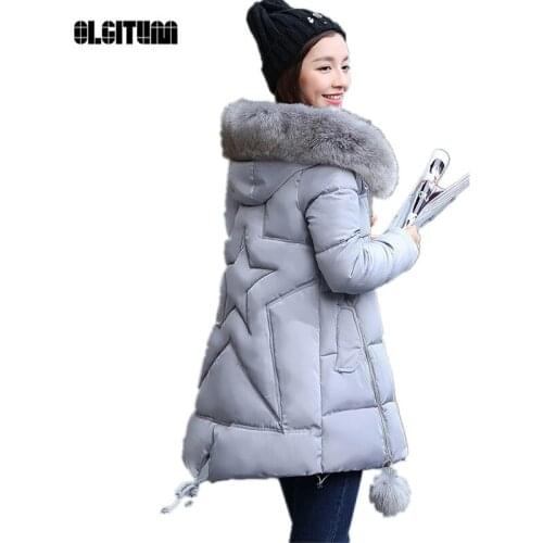 OLGITUM 2019 NEW Winter Long Cotton Padded Women Fur Collar Coat Star Wadded Solid Jacket Warm Outerwear Parkas Plus Size 3XL