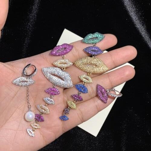 AAA Luxury S925 Silver Post Asymmetriy Fancy Zircon Hyperbole Lips Long Pendant Earrings for Women Fashion Jewelry