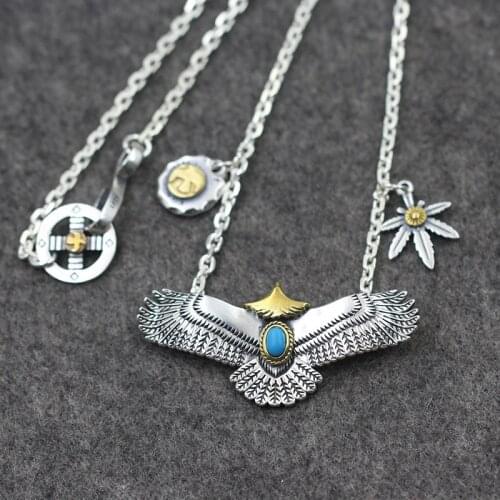S925 Sterling Silver Retro Thai Silver Vintage Takahashi Goro Bird Leaf Pendant Set Men And Women Too Angle Necklace