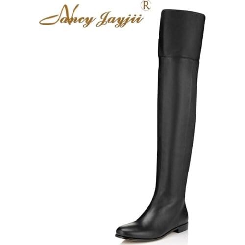 Genuine Leather Boots Round Toe Handmade Black Brown Low-Heeled Over The Knee High Boots Dress Casual Shoes Women Nancyjayjii