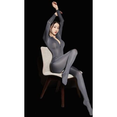 Sexy Women Deep V-Neck Open Bust Full Body Bodysuit Hollow Out ZIpper Open Crotch Sheer Smooth Pants Oil Gloosy Sexy Tight F30