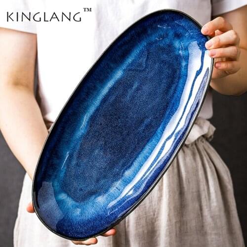 Guopin Japanese Kiln Glazed Blue Long Plate Household Steamed Fish Plate Large Dish Color Creative Sushi Plate