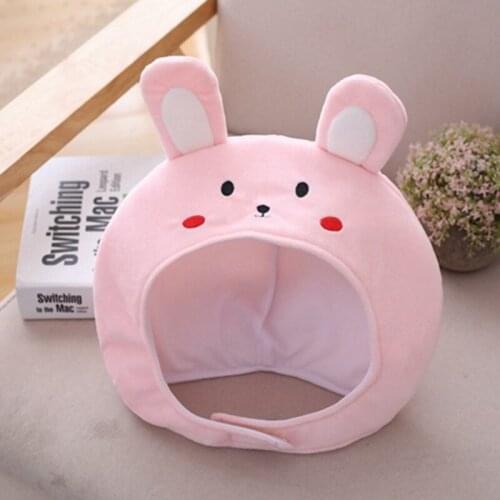 Japanese Kawaii Embroidery Rabbit Pink Plush Hat Cute Short Bunny Ears Stuffed Hood Headgear Cap Holiday Cosplay Costume Party