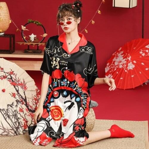 Plus Size Women Nightdress Sleepwear Novelty Print Nightgown Chinese Style Nightwear Casual Kimono Bathrobe Gown Loose Homewear