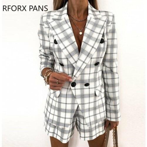 Women Chic Plaid Elegant Button Spring Straight Blazer Short Sets