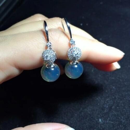 100% real 925 sterling silver inlaid 9mm blue amber earrings natural amber women temperament fashion earrings