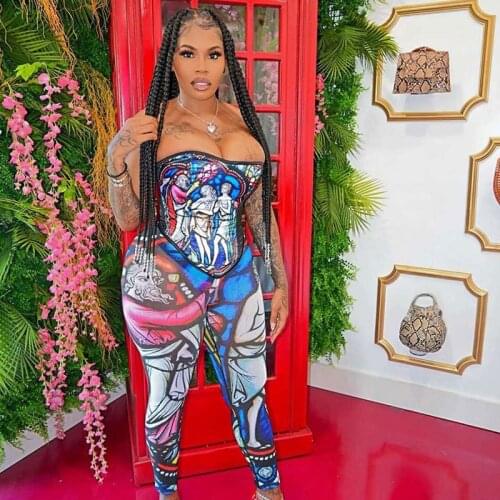 Women Sleeveless Portrait Letter Printed Skinny Bodycon Tube Jumpsuit Backless Sexy & Club Skinny Stretch Overall