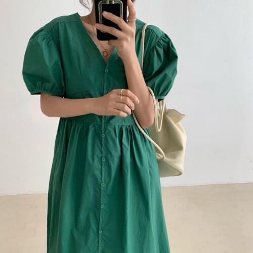 Alien Kitty 2021 Elegant V-Neck Loose Gentle Office Lady Solid Streetwear Puff Sleeve Retro Summer Long Dresses Vestidos
