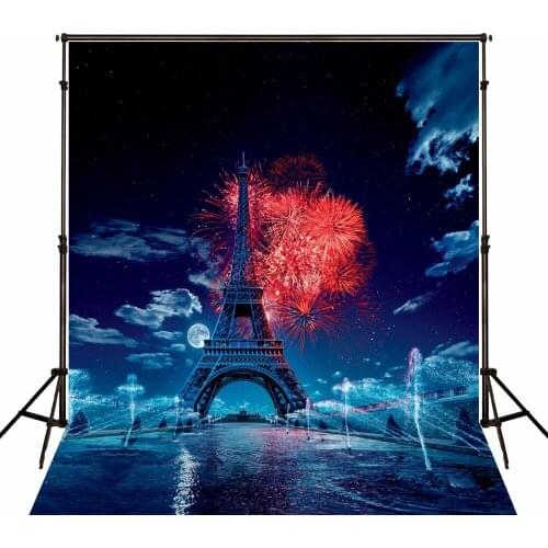 5x7FT Bright Firework Sky Paris Effiel Tower View Custom Photo Background Night Moon Fountain Studio Wedding Backdrops Vinyl