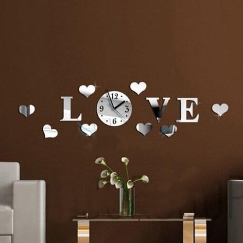 New 3D Crystal Mirror Acrylic Love Wall Clock Modern Fashion DIY Living Room Decoration with Self-adhesive Glue