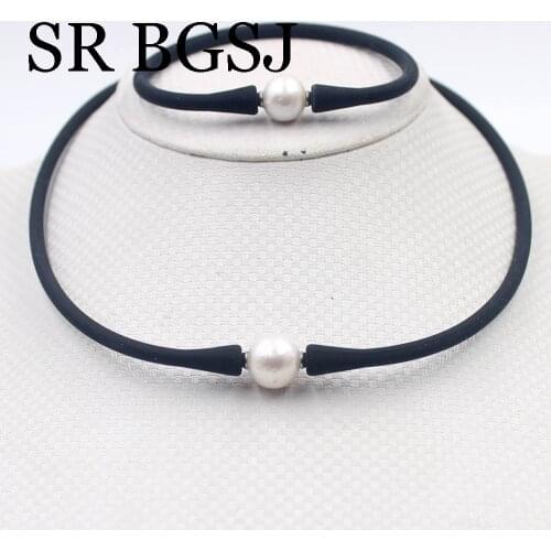 Edision Cultured White Pearl Beads & Silicone Rubber Stretch Necklace Bracelet Jewelry Set 7.5inch 16.5inch