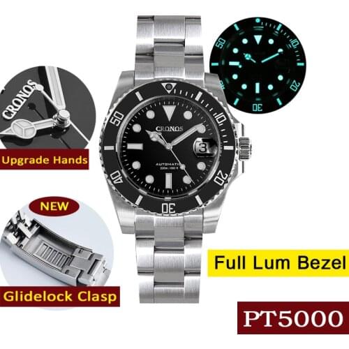 Cronos PT5000 Sub-Diver Watches 20ATM Water Resistant Stainless Steel Bracelet Ceramic Rotating Bezel Luminous Dial
