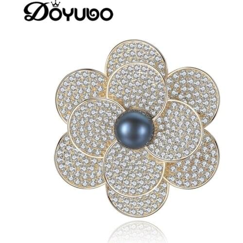 DOYUBO Luxury Gold Color Lady Brooch 925 Sterling Silver Flower Shape Black Freshwater Pearl Brooch Women Wedding Jewelry VH003